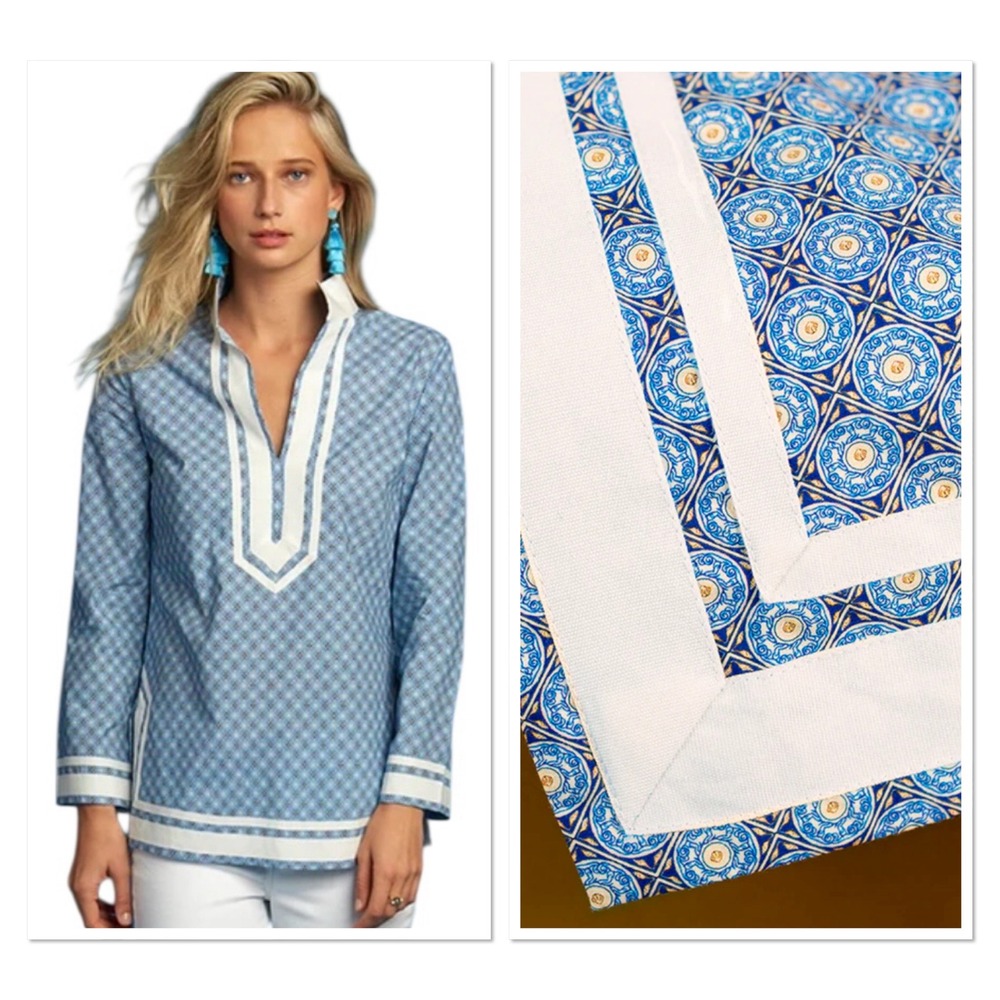 Nicoblu Blue Medallion Capri Tunic Top White Trim Long Sleeve Coastal Preppy PXL